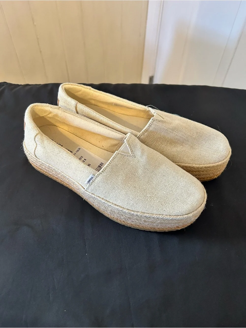 NWT TOMS Valencia Platform Espadrilles Dark Natural Metallic Linen Size 9